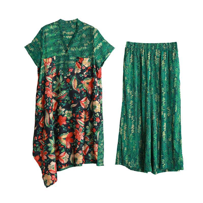 women green print v neck asymmetric top and elastic waist wide leg pants - Omychic