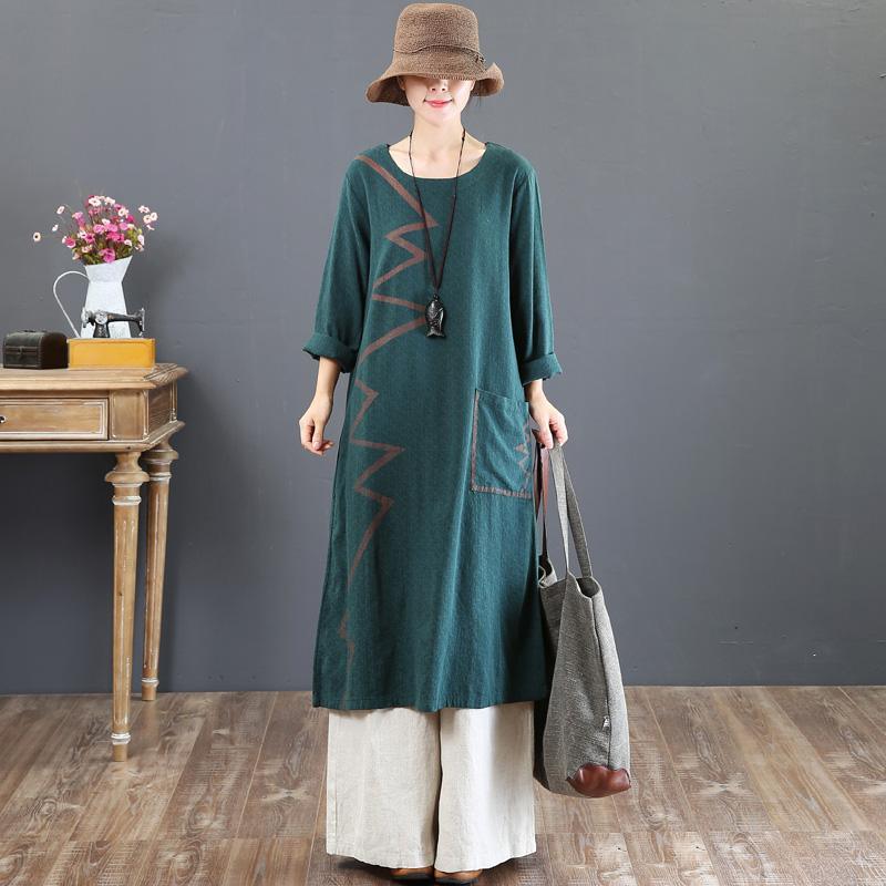women green prints long cotton dresses Loose fitting o neck fall dresses Elegant big pockets kaftans - Omychic