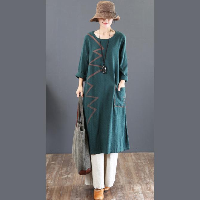 women green prints long cotton dresses Loose fitting o neck fall dresses Elegant big pockets kaftans - Omychic