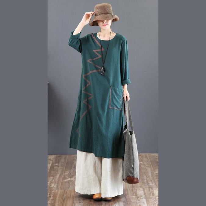 women green prints long cotton dresses Loose fitting o neck fall dresses Elegant big pockets kaftans - Omychic