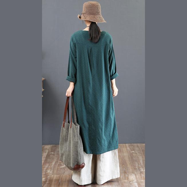 women green prints long cotton dresses Loose fitting o neck fall dresses Elegant big pockets kaftans - Omychic