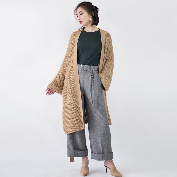 women khaki Coats knit cardigans sweater coat plus size clothing flare sleeve tie waist long coat Winter coat - Omychic