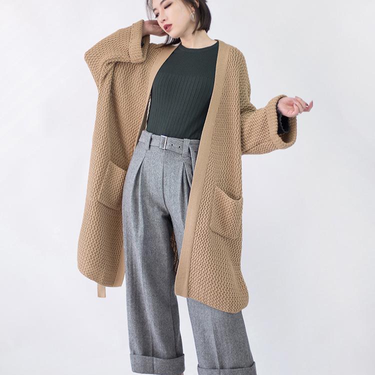 women khaki Coats knit cardigans sweater coat plus size clothing flare sleeve tie waist long coat Winter coat - Omychic