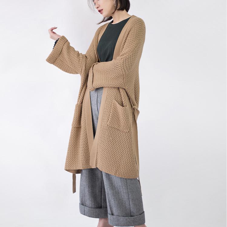 women khaki Coats knit cardigans sweater coat plus size clothing flare sleeve tie waist long coat Winter coat - Omychic