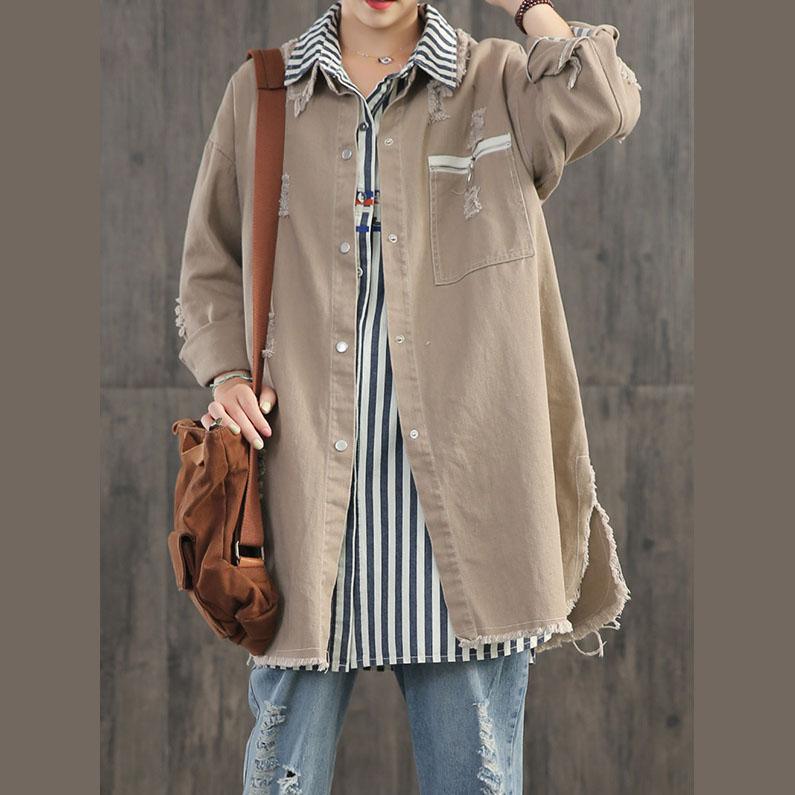 women khaki big pockets Coats Loose fitting mid-length coats fall outwear side open - Omychic