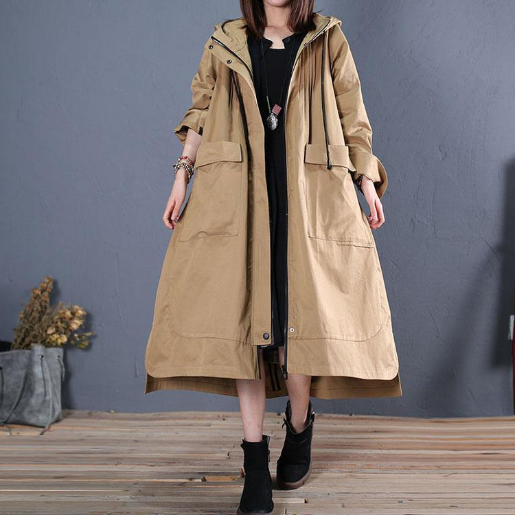 women khaki hooded jackets oversize long winter coat fall woolen outwear low high design - Omychic