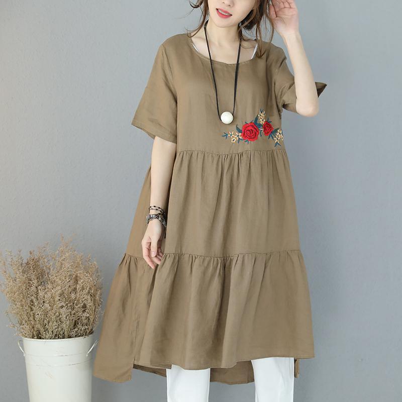women khaki linen dresses Loose fitting O neck half sleeve embroidery caftans 2018 baggy dresses - Omychic