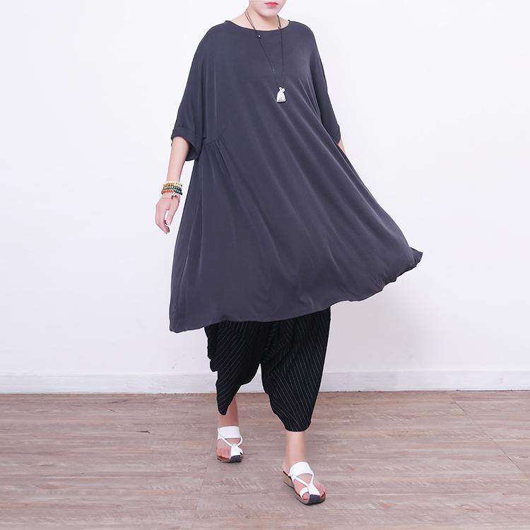 women light gray  pure silk dresses  plus size silk cotton dress top quality short sleeve o neck silk clothing dress - Omychic