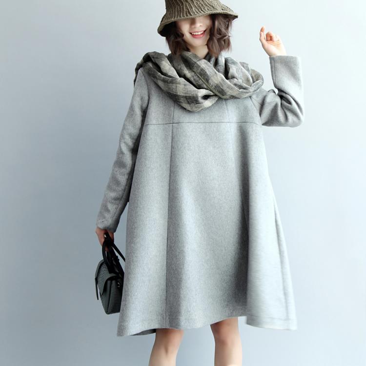 women light gray wool blended dresses long sleeve baggy dresses boutique O neck pockets wool blended dresses - Omychic