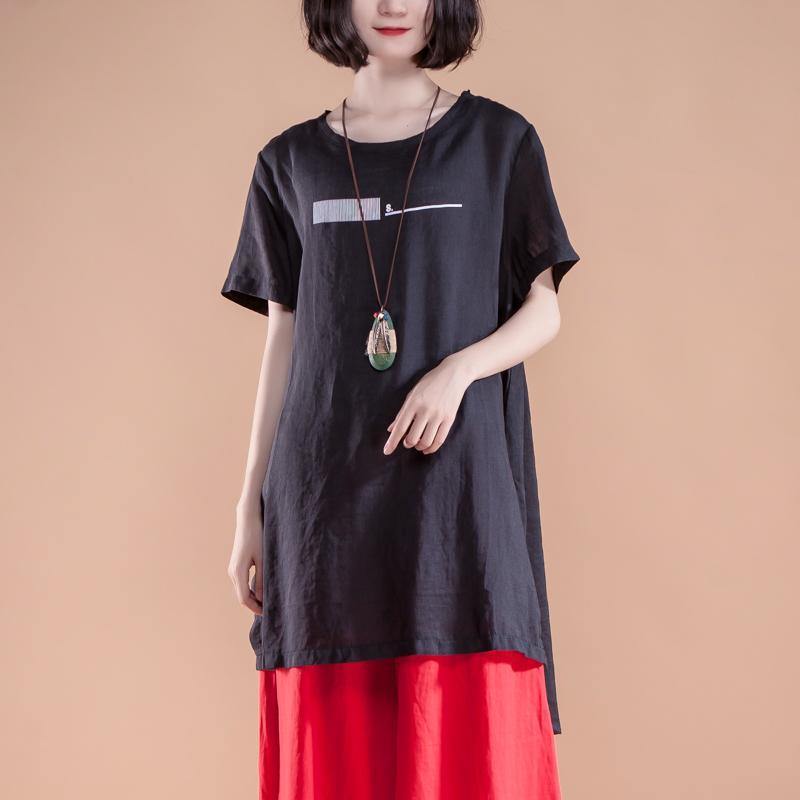 women linen blouse Loose fitting Short Sleeve Slit Summer Casual Black Women Tops - Omychic