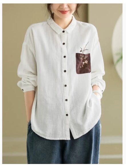 Women Linen Retro Embroidery Loose Blouse