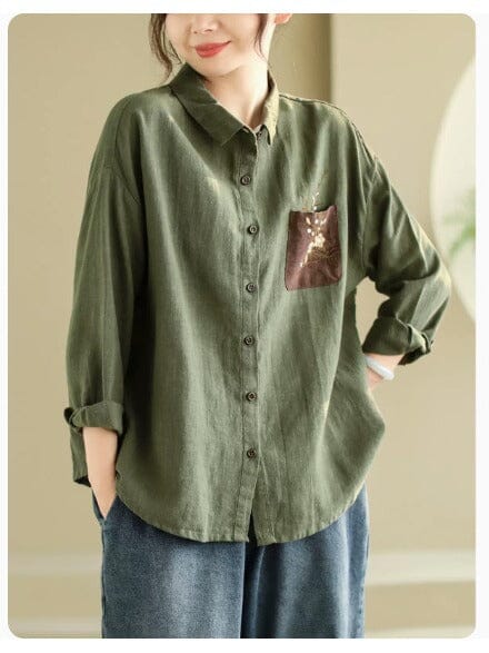 Women Linen Retro Embroidery Loose Blouse