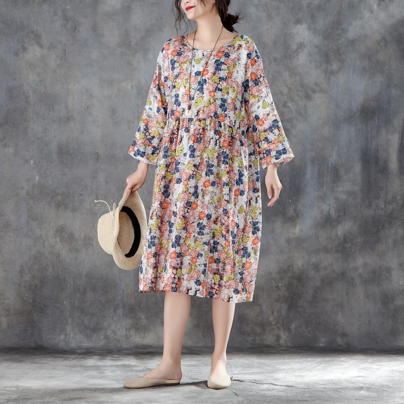 women midi silk linen dresses plus size clothing Women Round Neck Shoulder Sleeve Floral Printed Dress - Omychic