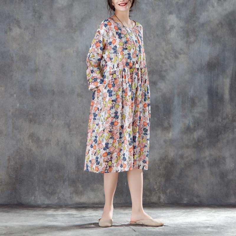 women midi silk linen dresses plus size clothing Women Round Neck Shoulder Sleeve Floral Printed Dress - Omychic