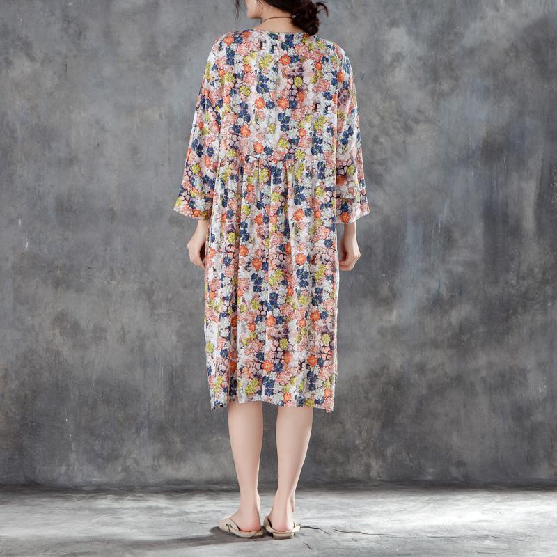 women midi silk linen dresses plus size clothing Women Round Neck Shoulder Sleeve Floral Printed Dress - Omychic