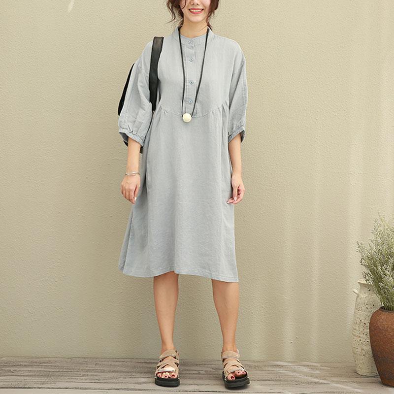 women natural linen dress Loose fitting Casual Loose Women Stand Collar Half Sleeve Gray Dress - Omychic