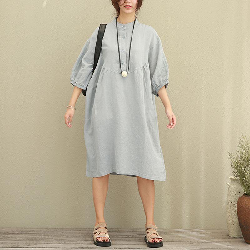 women natural linen dress Loose fitting Casual Loose Women Stand Collar Half Sleeve Gray Dress - Omychic
