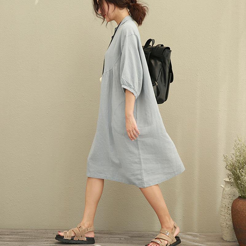 women natural linen dress Loose fitting Casual Loose Women Stand Collar Half Sleeve Gray Dress - Omychic