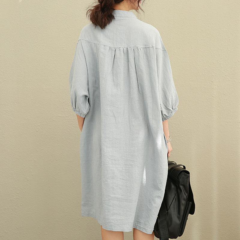 women natural linen dress Loose fitting Casual Loose Women Stand Collar Half Sleeve Gray Dress - Omychic