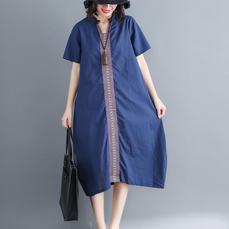 women navy cotton linen dress trendy plus size v neck pockets caftans Fine short sleeve embroideried fabric dresses - Omychic