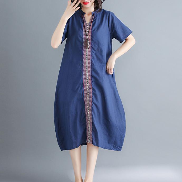 women navy cotton linen dress trendy plus size v neck pockets caftans Fine short sleeve embroideried fabric dresses - Omychic