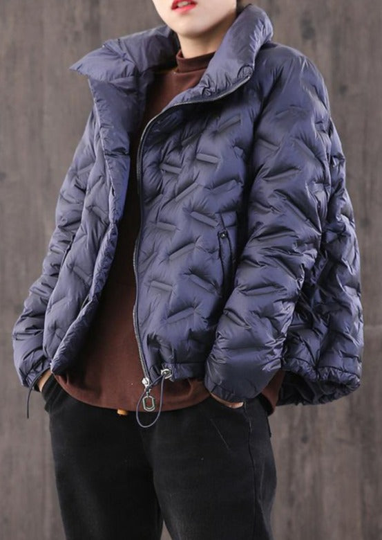women navy goose Down coat casual high neck zippered down jacket - Omychic