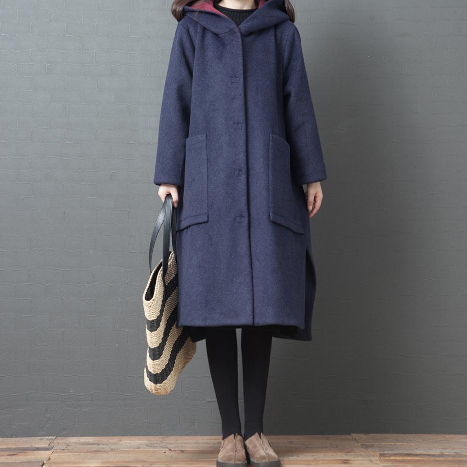women navy wool coat for plus size mid-length coats women hooded side open coats - Omychic