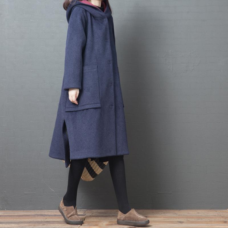 women navy wool coat for plus size mid-length coats women hooded side open coats - Omychic