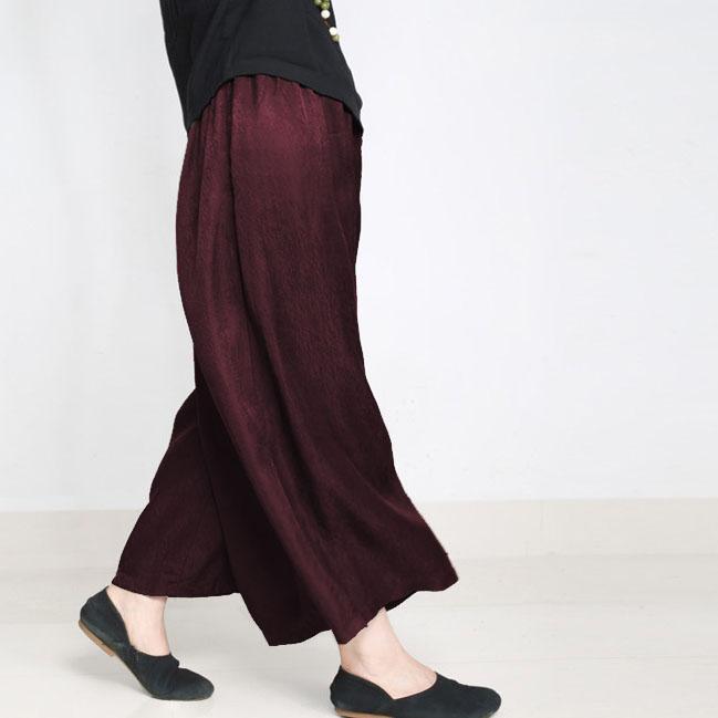 women new elastic waist long burgundy wide leg pants - Omychic