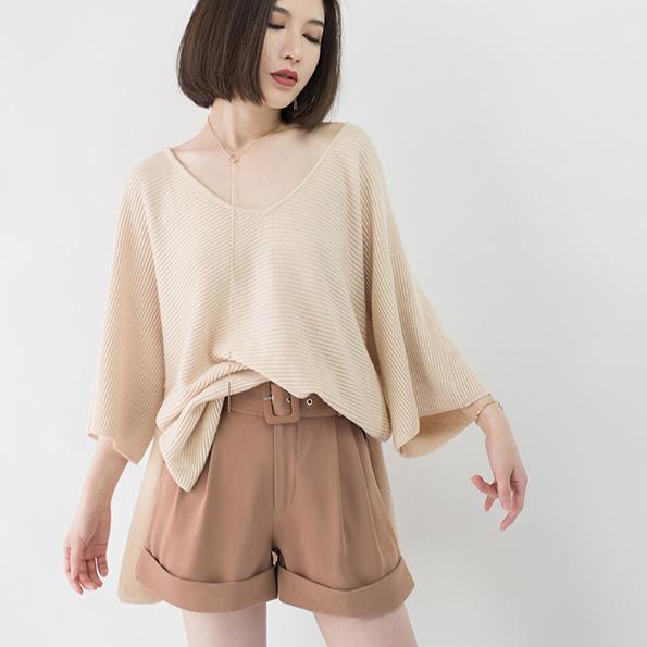 women nude knit sweaters oversize V neck knitted tops Fine Batwing Sleeve blouse - Omychic