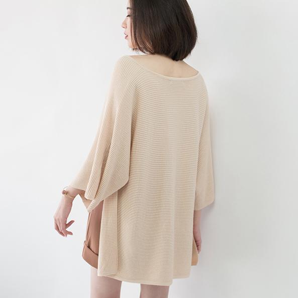 women nude knit sweaters oversize V neck knitted tops Fine Batwing Sleeve blouse - Omychic