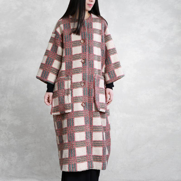 women nude plaid wool coat for woman casual trench pockets Button coat - Omychic