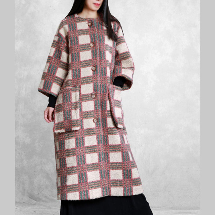 women nude plaid wool coat for woman casual trench pockets Button coat - Omychic