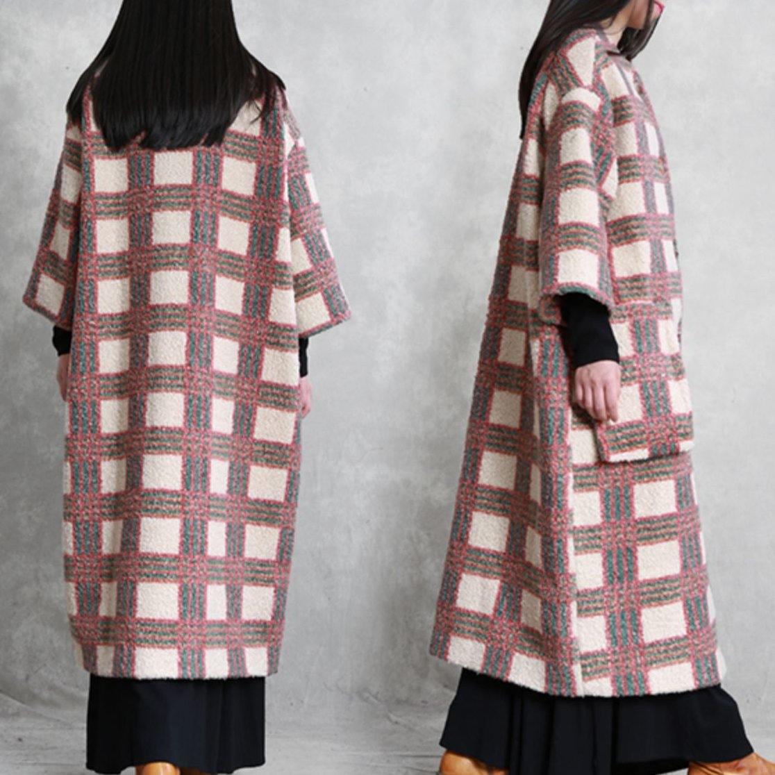 women nude plaid wool coat for woman casual trench pockets Button coat - Omychic