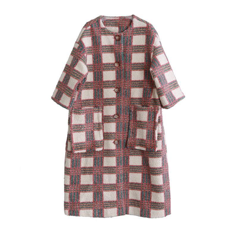 women nude plaid wool coat for woman casual trench pockets Button coat - Omychic