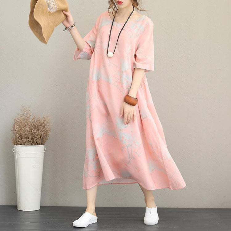 women pink print long silk linen dresses oversize o neck half sleeve silk linen gown 2018 baggy dresses - Omychic