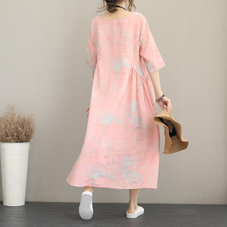women pink print long silk linen dresses oversize o neck half sleeve silk linen gown 2018 baggy dresses - Omychic
