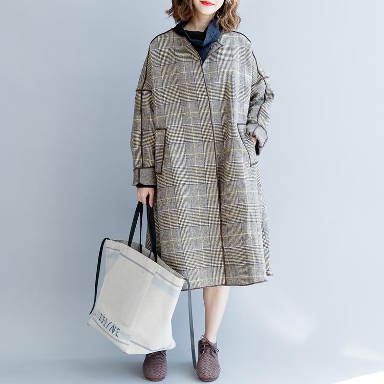 women plaid  Wool Coat plus size clothing patchwork trench coat 2018 o neck wool jackets - Omychic