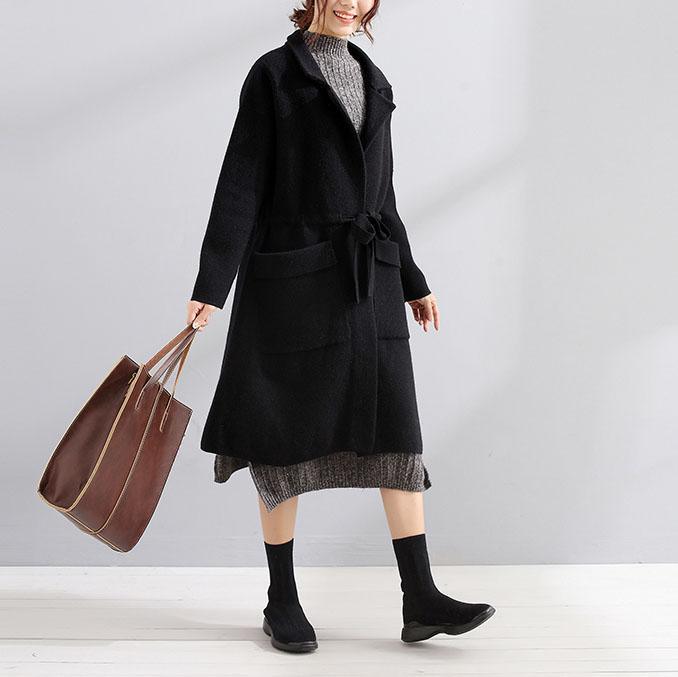 women plus size trench coat fall coats black Square Collar tie waist wool coat - Omychic