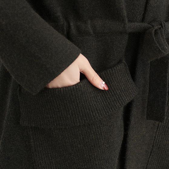 women plus size trench coat fall coats black Square Collar tie waist wool coat - Omychic