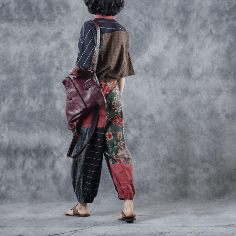women prints patchwork linen short sleeve casual drawstring wide leg pants - Omychic