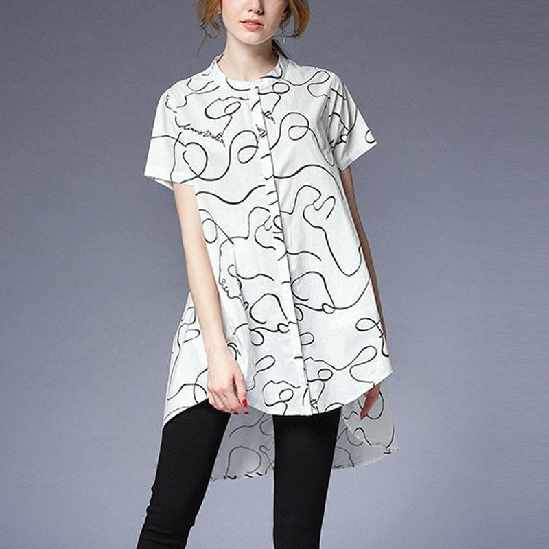 women pure cotton blouse Loose fitting Summer Short Sleeve High-low Hem Women White Tops - Omychic