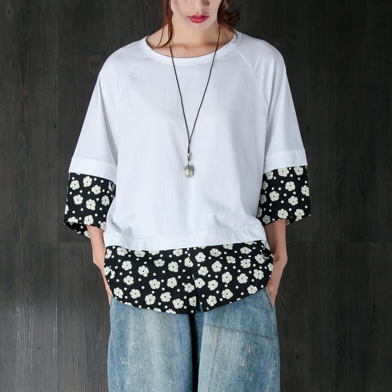 women pure cotton tops oversized Women Casual Summer Fake Two-piece Flower White Tops - Omychic