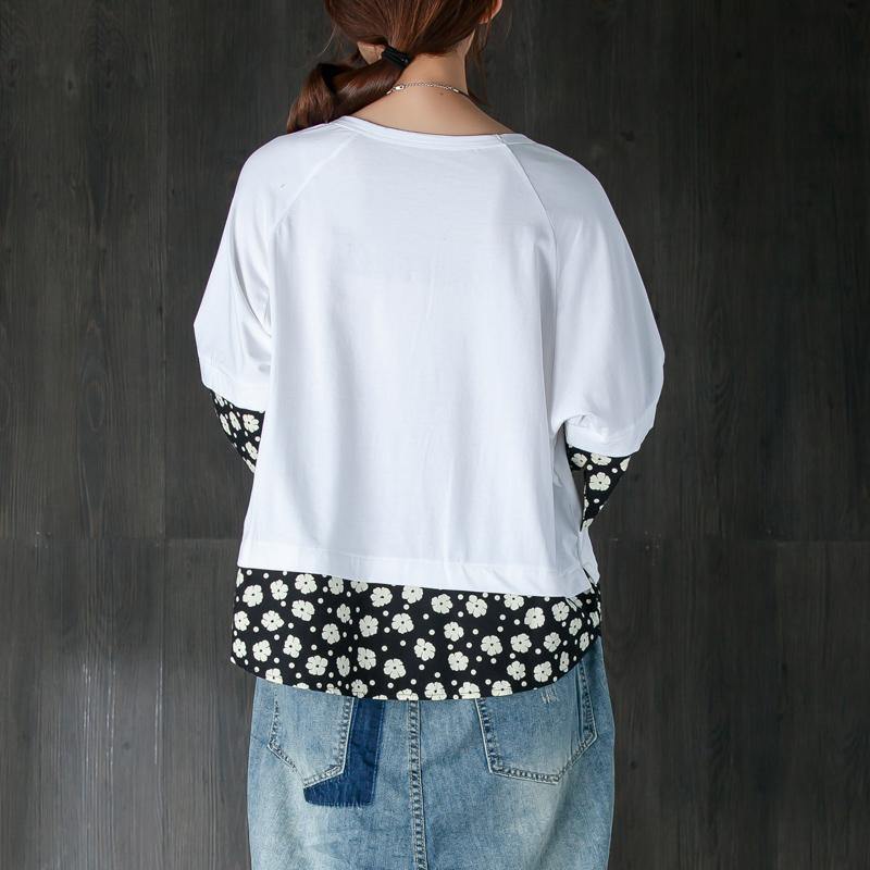 women pure cotton tops oversized Women Casual Summer Fake Two-piece Flower White Tops - Omychic