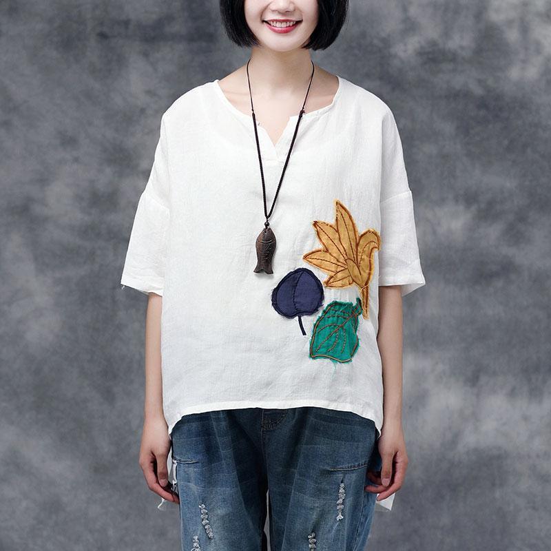 women pure linen blouse casual Women Short Sleeve Summer Casual Loose Tops - Omychic