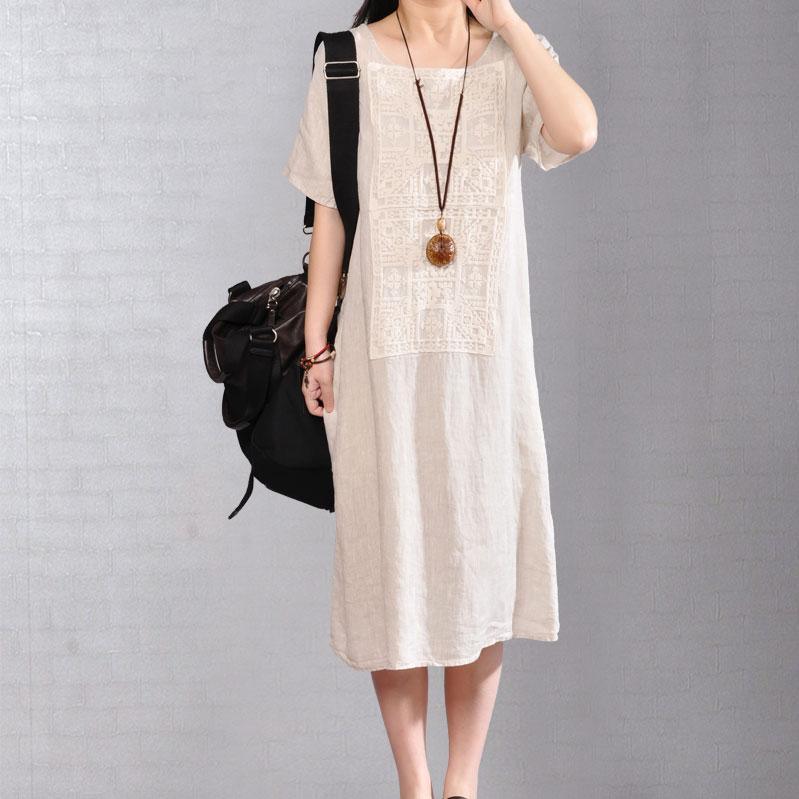 women pure linen dress plus size Women Short Sleeve Embroidery Pure Beige Flax Dress - Omychic
