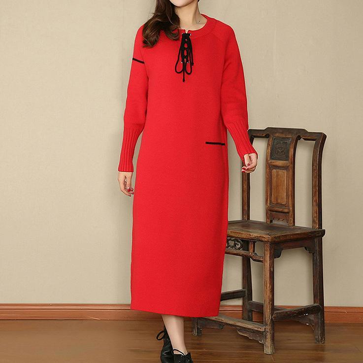 women red Loose fitting V neck drawstring gown New long sleeve pockets wool dresses - Omychic