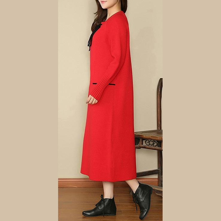 women red Loose fitting V neck drawstring gown New long sleeve pockets wool dresses - Omychic