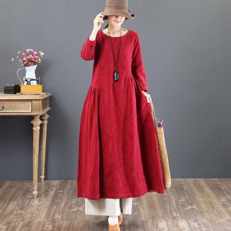 women red autumn linen dress oversized jacquard linen clothing dresses boutique tunic big hem caftans - Omychic