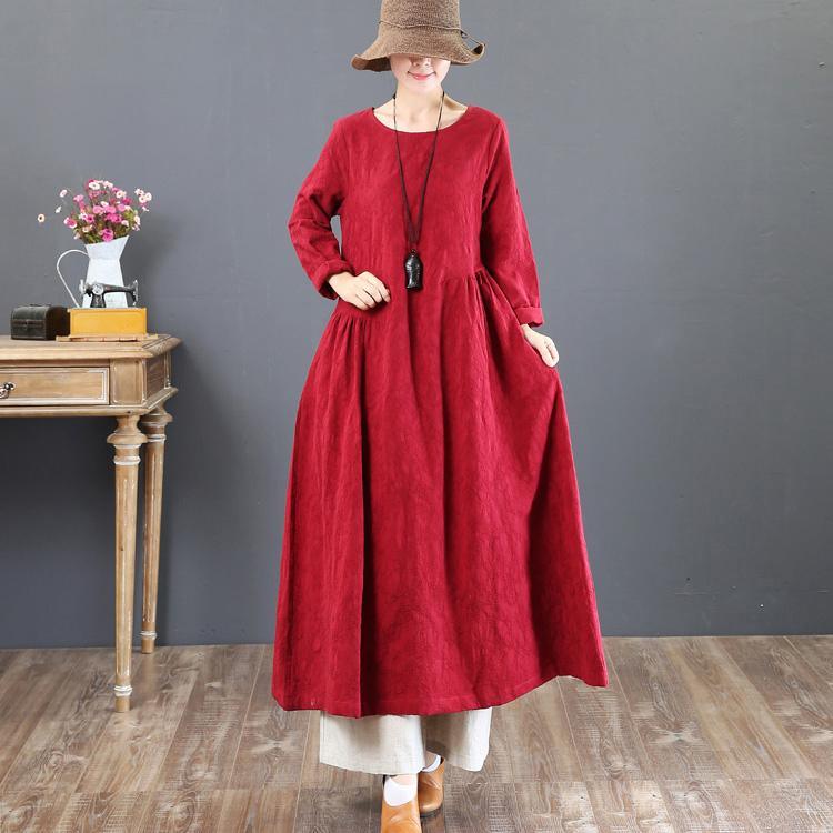 women red autumn linen dress oversized jacquard linen clothing dresses boutique tunic big hem caftans - Omychic